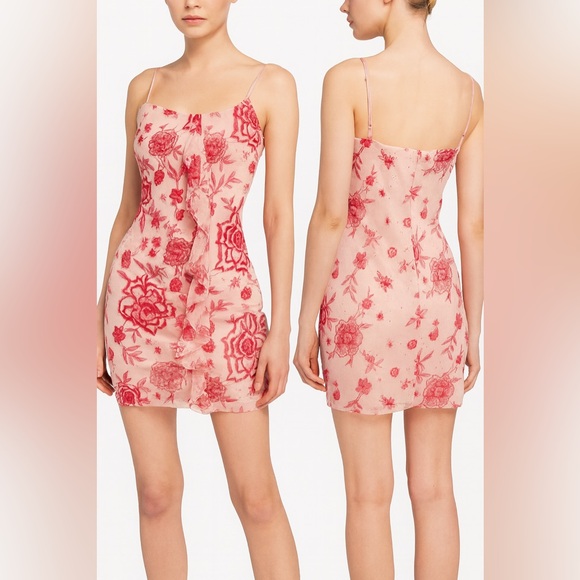 Parker Floral Embroidered Cherry Red & Pink Cocktail Mini Dress (Size M) - Picture 1 of 8